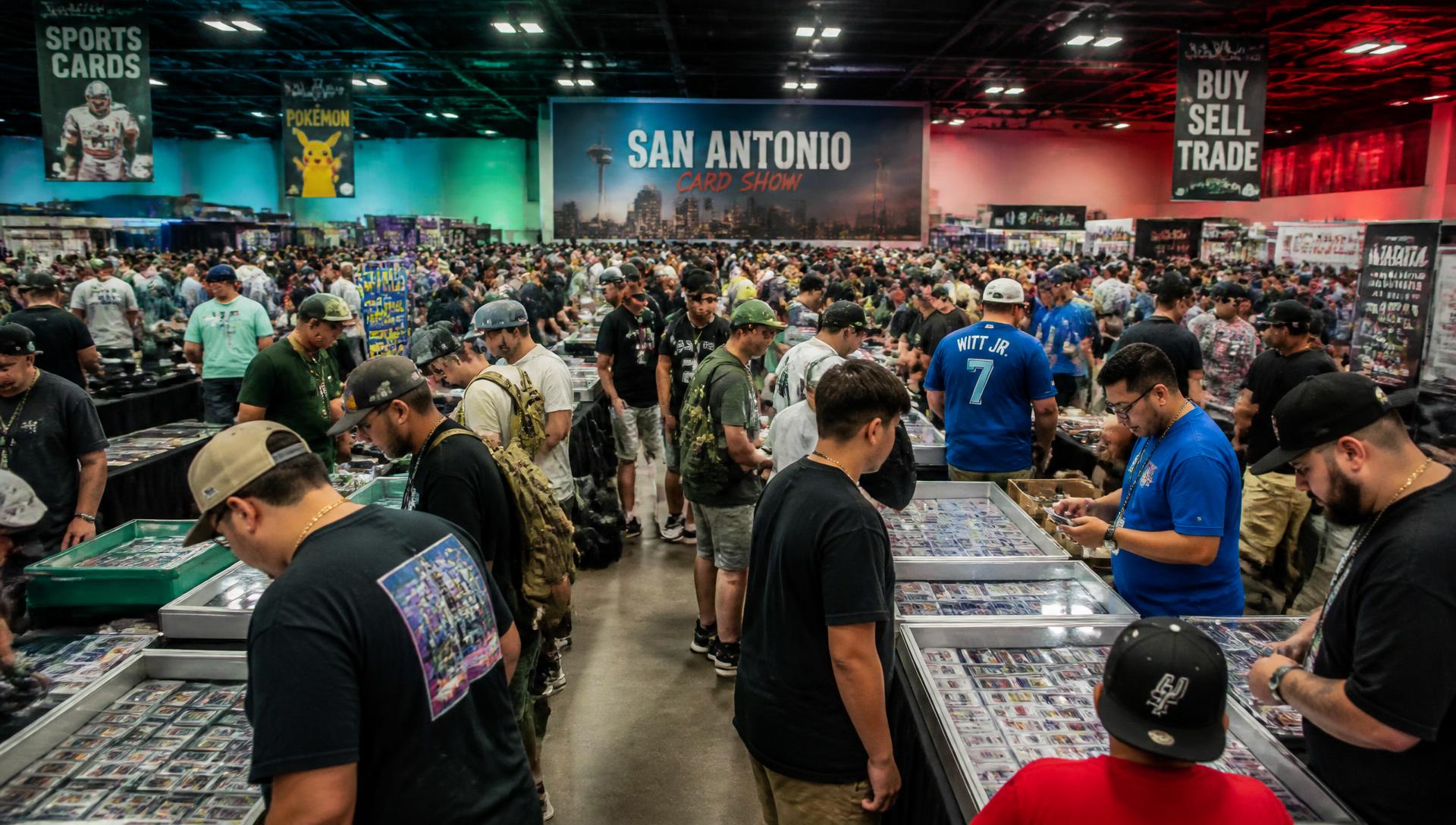 Collectors browsing vendor tables full of trading cards at the San Antonio Card Show