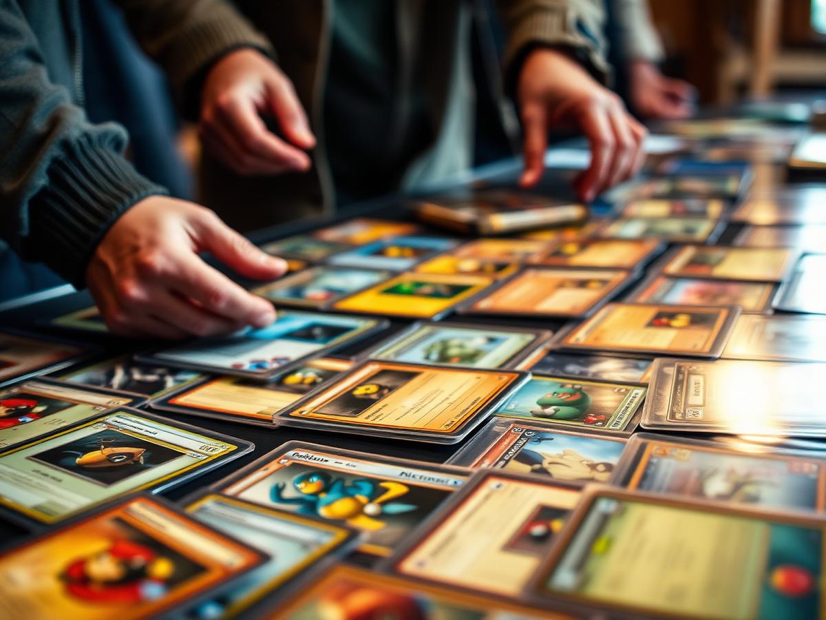 Collectors trading cards laid out across a table