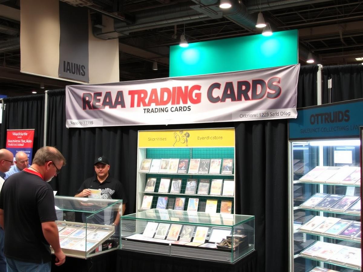 Vendor booth displaying graded trading cards in glass cases